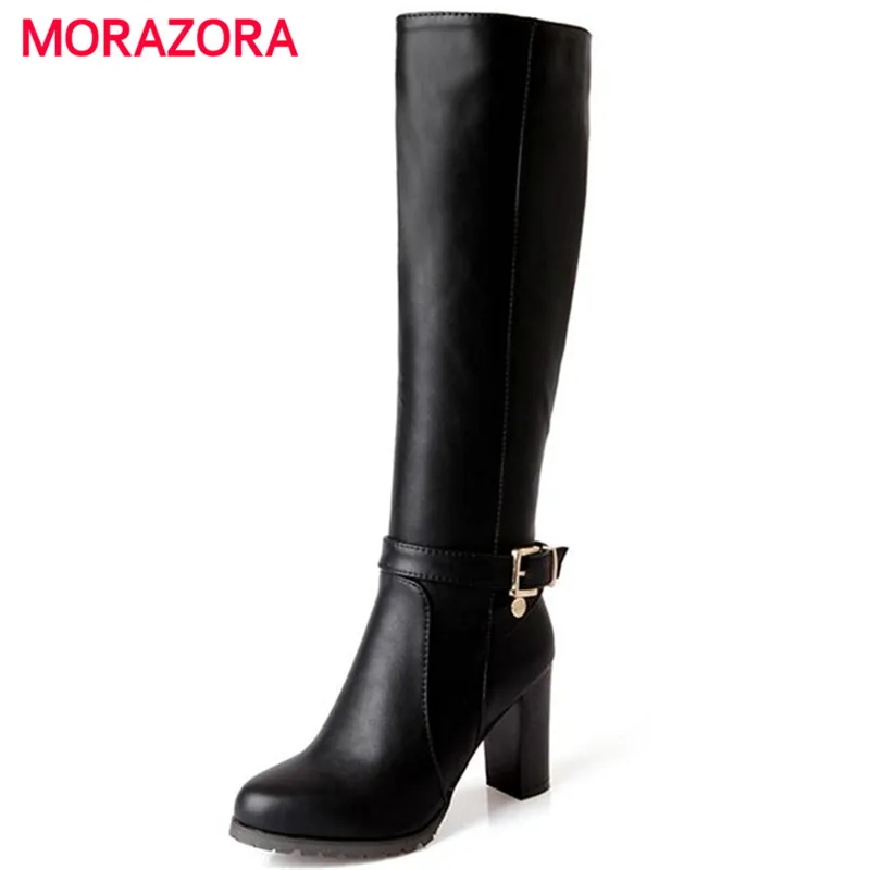 MORAZORA Hot sale new fashion soft pu leather high heels knee high boots buckle boats women motorcycle boots autumn winter shoes