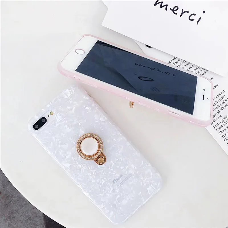 Luxury Glitter Ring Pearl Holder Phone Case For iPhone 14 13 12 11 Pro Max X Xs Xr 7 8 Plus SE2022 Silicone Conch Bling Cover