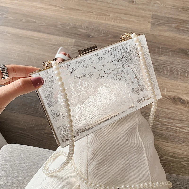 Black & White Lace Acrylic Box Design Pearl Chain Ladies Party Clutch Bag Shoulder Bag Tote Bag Women Evening Bag Flap Handbag