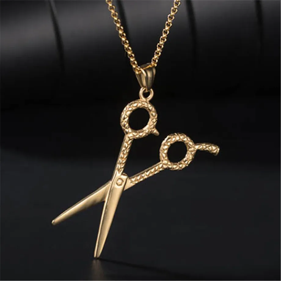 

Trendy Scissors Pendants Necklaces Gold Color Stainless Steel Chain Necklace for Men Barber Shop Jewelry