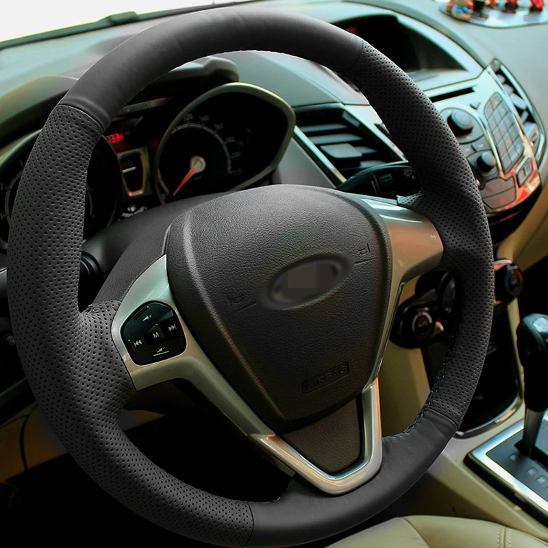 Shining wheat Black Genuine Leather Hand-stitched Car Steering Wheel Cover for Ford Fiesta 2008-2013