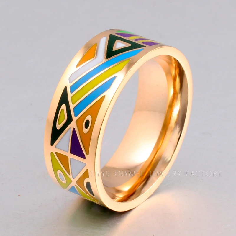 Color Culture Brand Exclusive Beautiful Geometry Stripe Color Rings  Enamel Ring 0.8cm width Gilded Steel Rings for Women