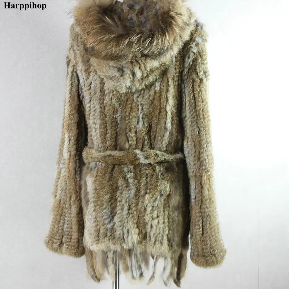 HARPPIHOP*2021 free shipping lady knitted Real rabbit fur coat/ jacket/ outware with hood women belt long with tassels