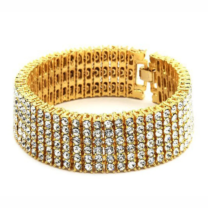 Exaggerated Punk Bracelets 6 six Rows Shiny Full Rhinestones Bangle Hip Hop Bling Jewelry Chains Link Wristbands Men Women Gift