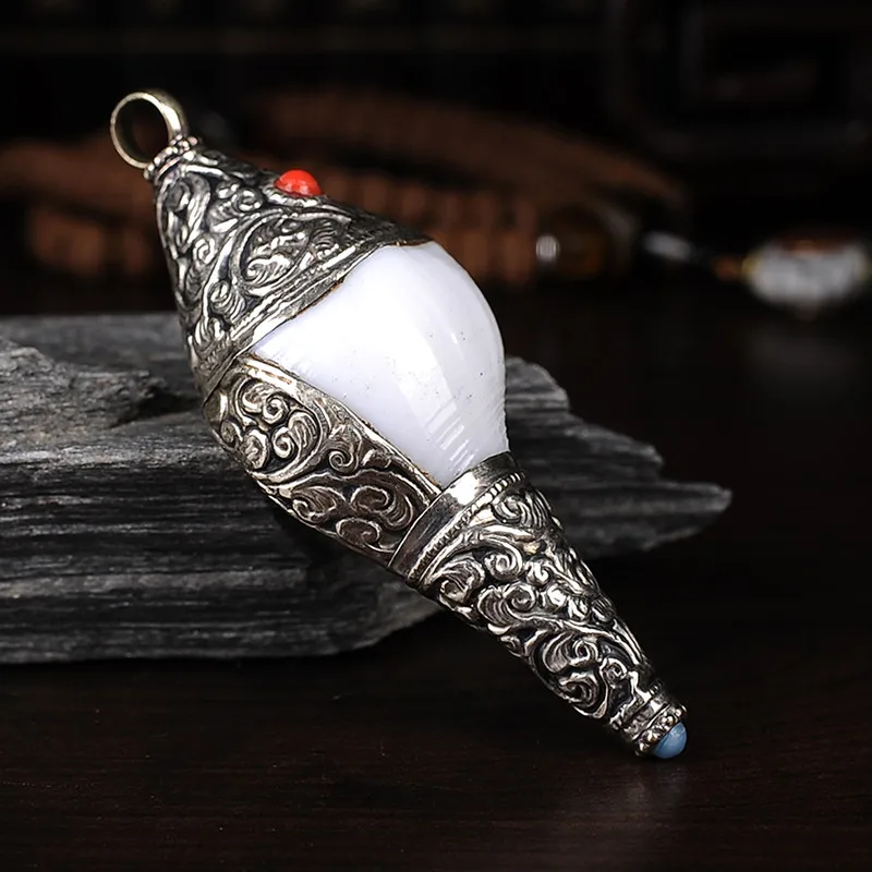 7.8*2.5 سنتيمتر البوذية الموردين التبتية نيبال اليدوية ثمانية Ausplicious عروض كبيرة اللؤلؤ محظوظ Tailsman محارة قلادة #2