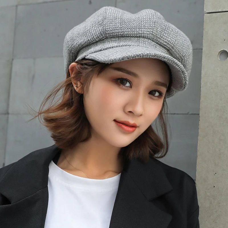 HT1991 Women Men Wool Felt Berets High Quality Autumn Winter Hat Thick Warm Unisex Octagonal  Cap Retro Plaid Beret Cap