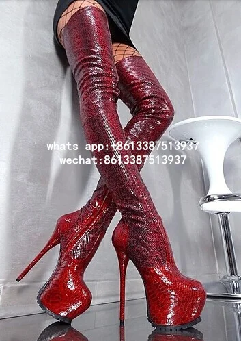 Women Python Gladiator Knee High Boots Red Wine Platform Zipper Over knee Booty HIgh Heel Slim Sexy Thigh Boots Plus Size 10