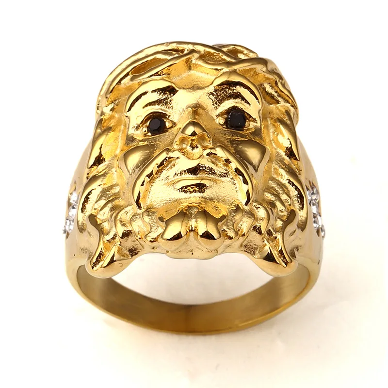 Fashion Stainless Steel Gold Plated Bling Ice Out CZ 3D Christ Jesus Head Piece Ring Hip Hop  Size 6-12 For Men Women Jewelry