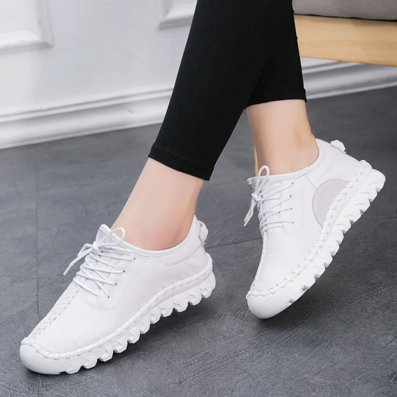 DRKANOL Handmade Shoes Women Flat Shoes Soft Bottom 100% Genuine Leather Sneakers Women Flats Casual Shoes Female Black White