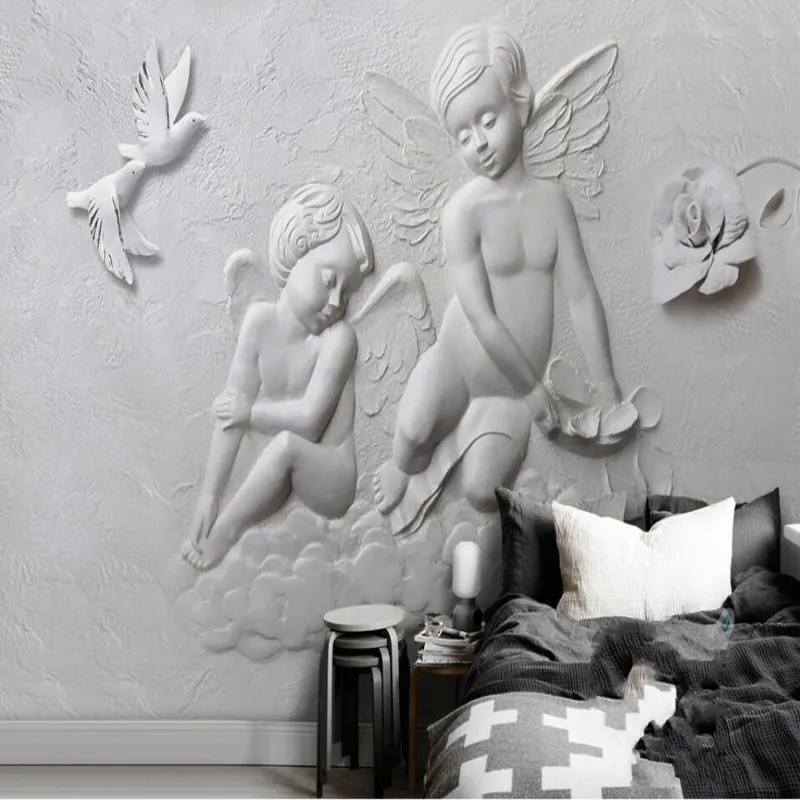 beibehang 3D Stereo Relief Little Angel Flying Pigeon Background Wall Customized Large Fresco Eco Silk Wallpaper papel de parede