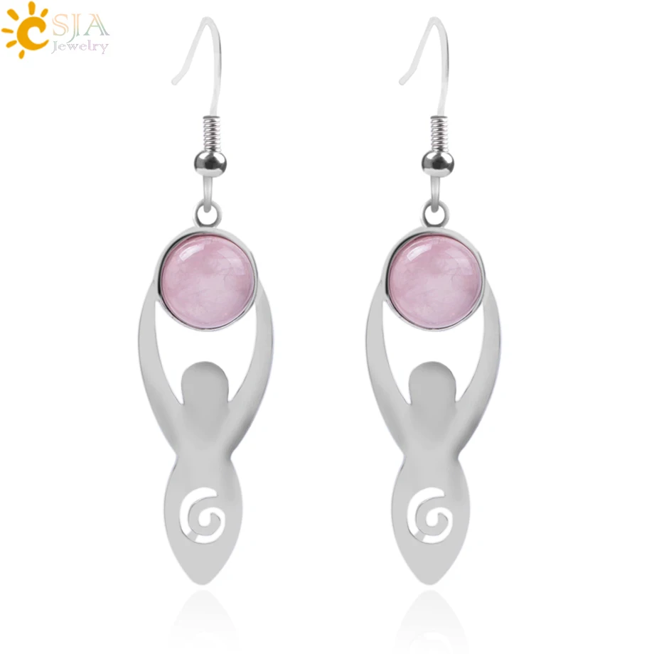 CSJA Natural Stone Earrings Pink Quartz Drop Earring Jewelry Tiger Eye Green Aventurine Black Onyx Crystal Round Bead Girl F061