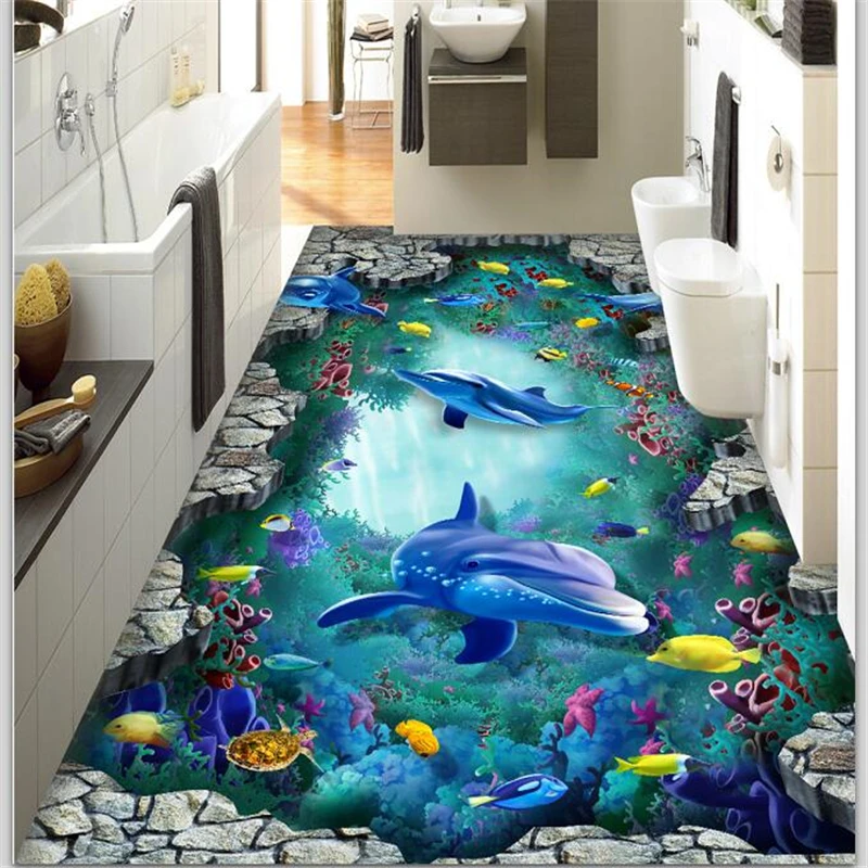 

wellyu Custom flooring painting 3d underwater world dolphin turtle 3D stereo painting living room shopping hotel floor painting