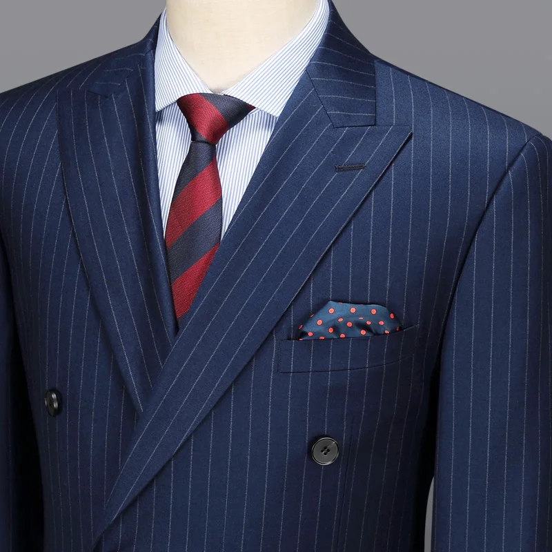 100% Wool Double Breasted Men Suit Deep Blue Striped Casual Mens Suits With Pants Wedding Groom Suits Man Slim Fit Blazer