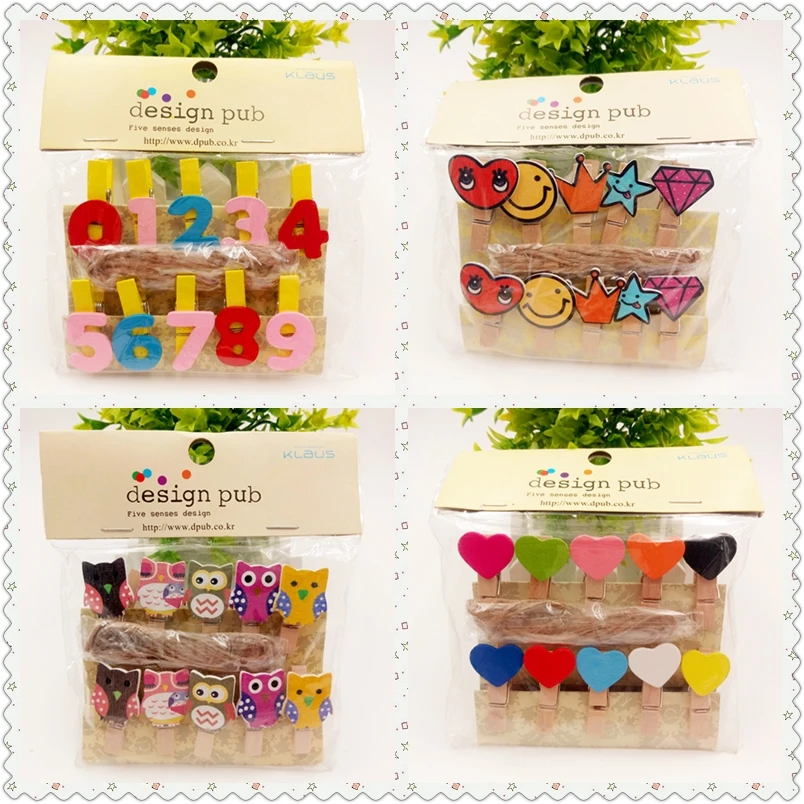 10pcs Kawaii Owl Wooden Clips Photo Paper Craft Memo Clip With Hemp Rope DIY Clothes Message Stickers Paper Photo Peg Decoration