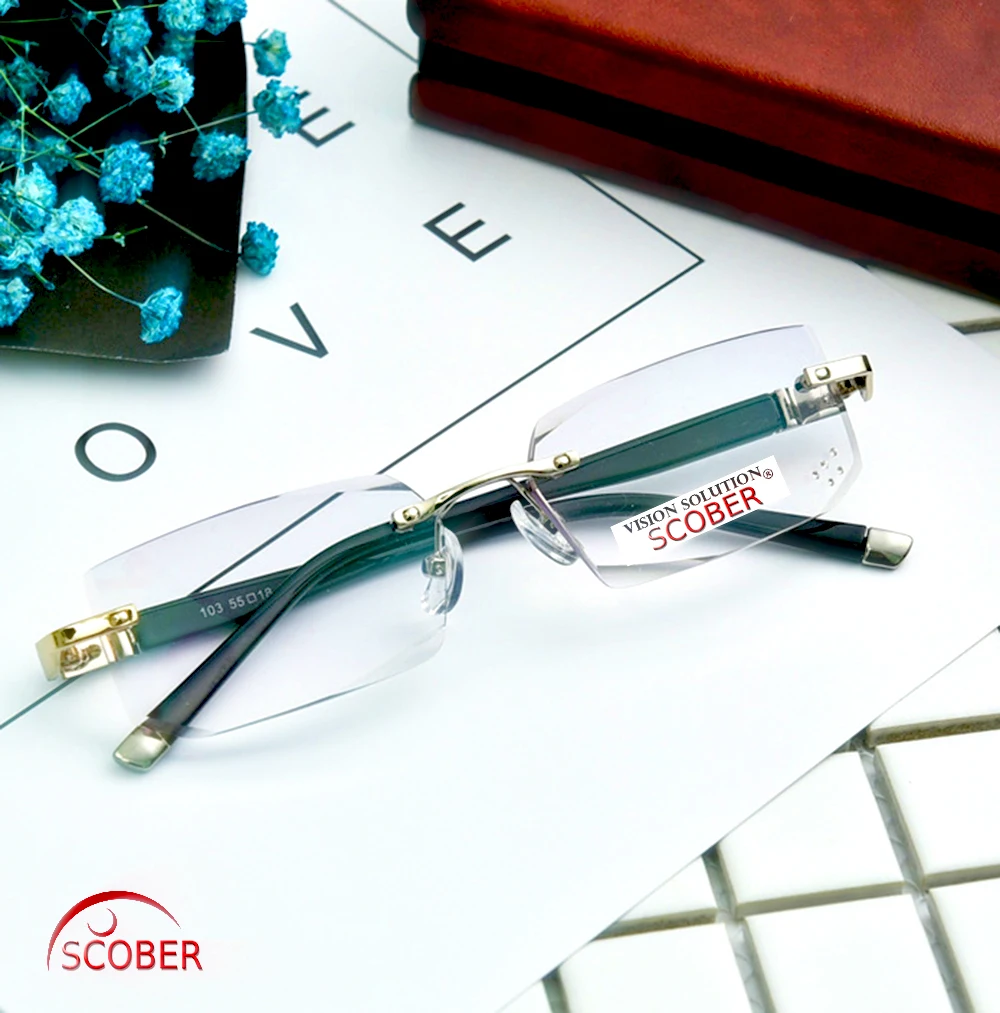 

= SCOBER= Customized luxurious rimless cut edges men women reading glasses gray lens Anti radiation fatigue spectacles +1 to +4