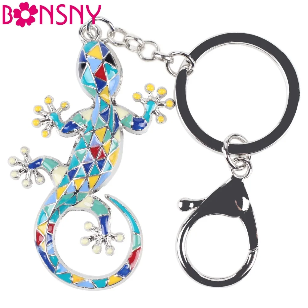 

Bonsny 2016 Enamel Alloy Gecko Lizard Alloy Metal Key Chain Key Ring Pom Gift For Women Girl Bag Charm Keychain Pendant Jewelry