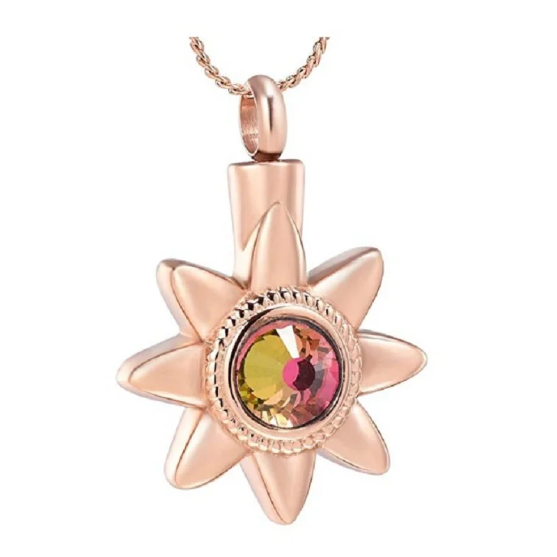 IJD13 Everlasting flower Cremaion Keepsake Pendant for Ashes,Colorful Stone inlay Sun flower Keepsake Memorial Urn Necklace