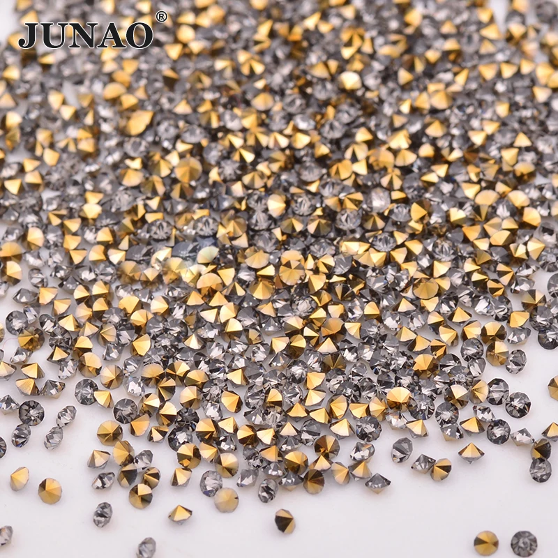 JUNAO 1.2mm 1440pcs Mini Gold Glass Rhinestone Glitter Micro Strass Diamond Tiny Crystal Stone Pixie Nail Decoration DIY Crafts