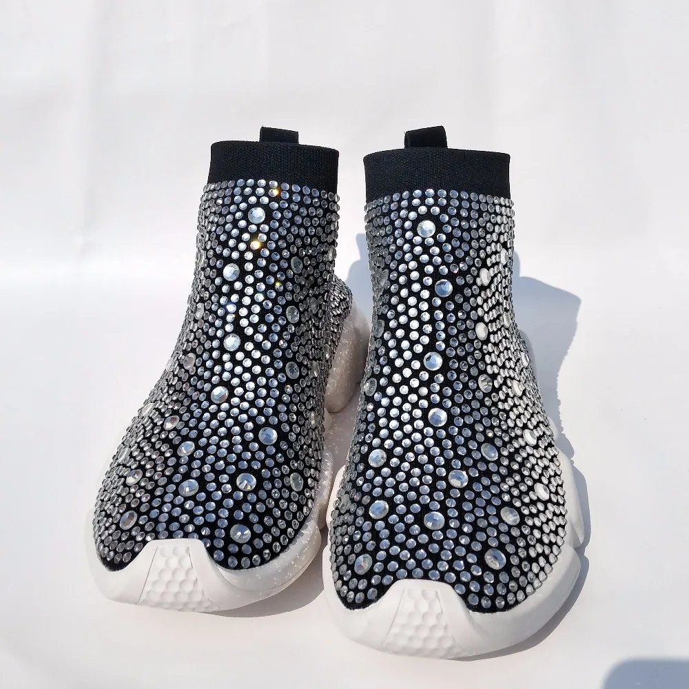 Elastic stockings sports Women's Knitting Sock Boots Sport Flat Blue Handmade Fall Winter Rhinestones Sneakers Big Size EU 34-45