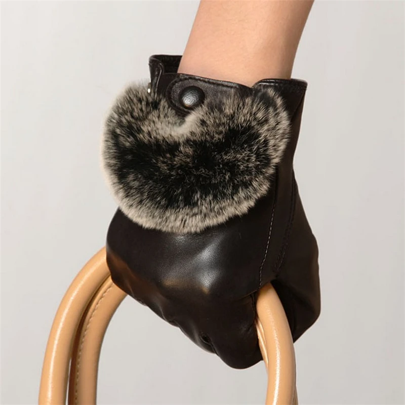 Brand Genuine Leather Gloves Fashion Women Sheepskin Gloves Wrist Rabbit Hair Black Winter Fingers Driving Glove L126NK