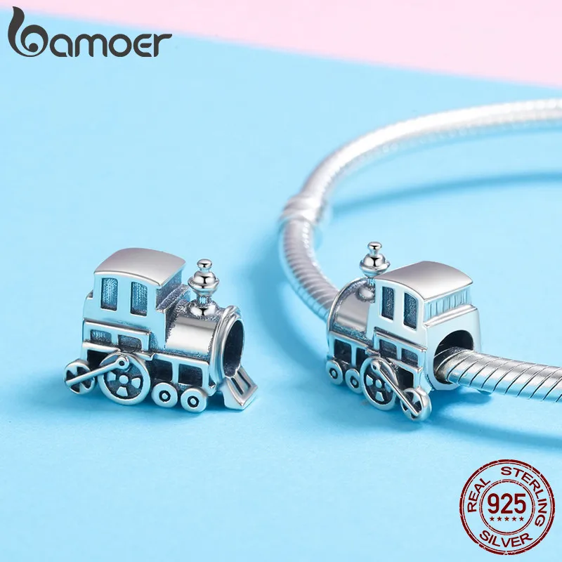 BAMOER 100% Real 925 Sterling Silver Vintage Locomotive Train Car Charm fit Women Charm Bracelet DIY Jewelry Making SCC507