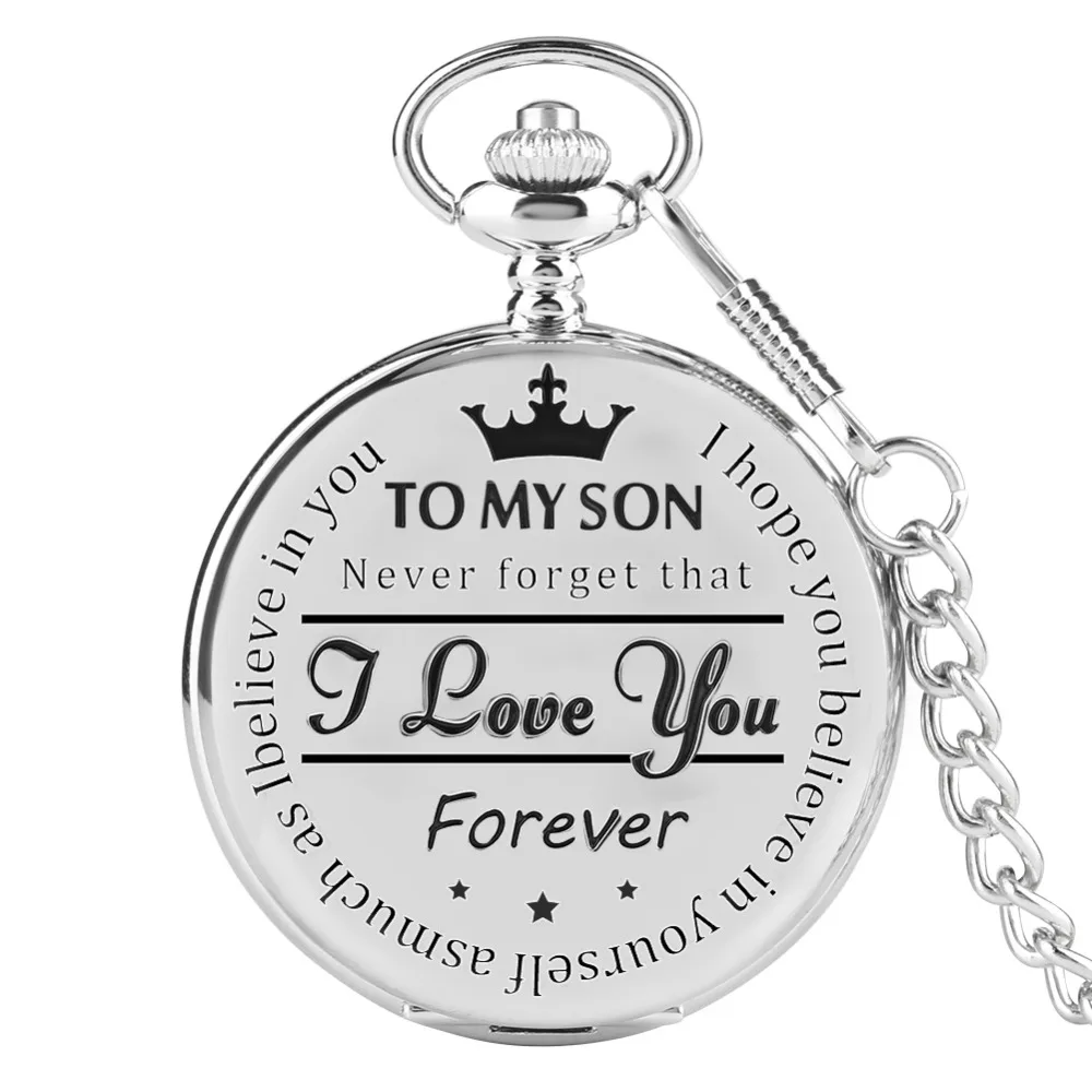 

'To MY SON' Laser Words Silver Quartz Pocket Watch Men Roman Number Watches Unique Man Clock Chain Boy Birthday Christmas Gifts