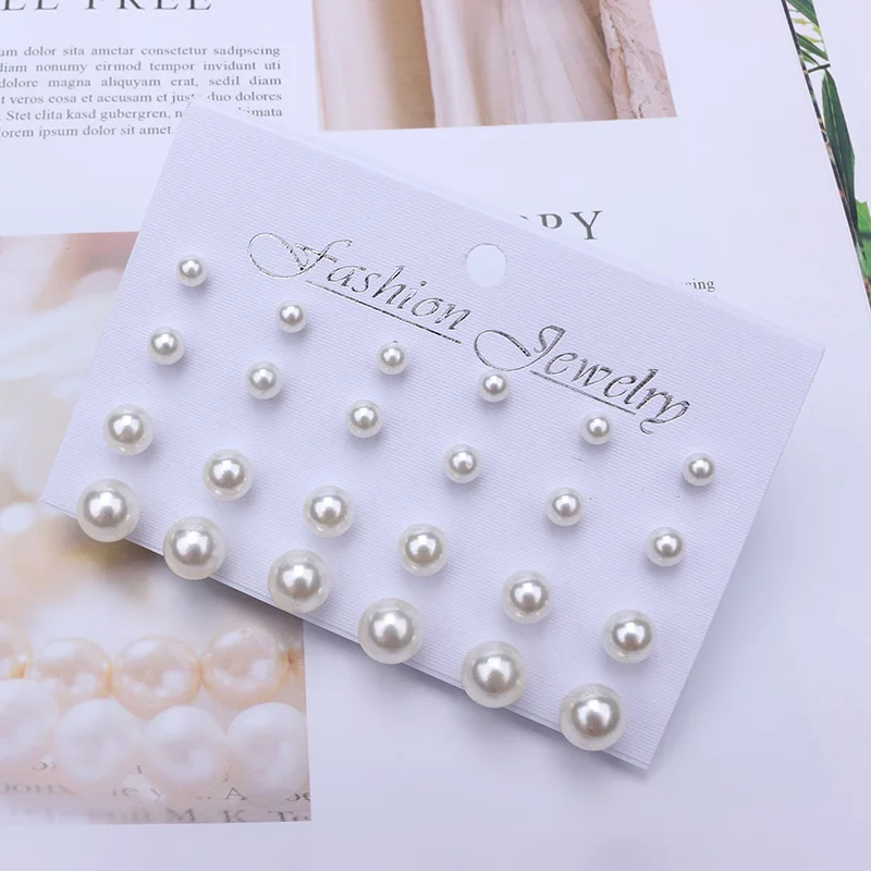 Korean Women Earrings 12 Pair/Set Beige White Pearl Simple Fashion Earrings Wedding Jewelry For Gift Valentine\'s Day gift