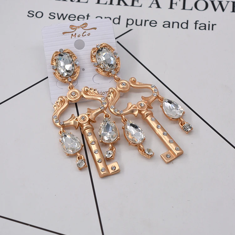 fashion key pendant earrings for women rhinestone drop earring gold color baroque retro Bride Wedding  jewelry