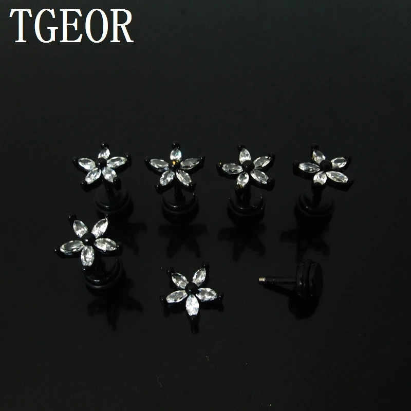 illusion cheaters 1 Pair 10mm Stainless Steel flower zircon ear piercing black fake plugs earring