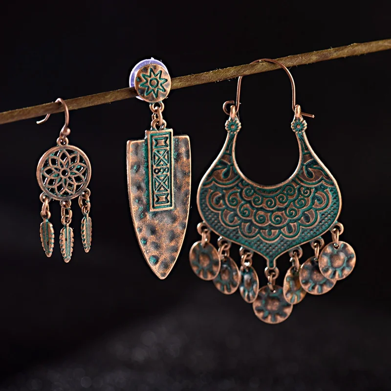 Bohemian Ethnic Bronze Green Flower Tassel Drop Earrings Women Femmes Pendientes Statement Gypsy Jewelry Dreamcatcher Earring