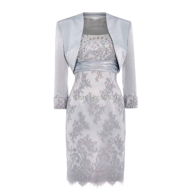 YNQNFS MD8 Real Photos Two Piece With Long Sleeves Jacket Beaded Short Mother of the Bride/Groom Dresses Lace Outfit Silver Grey