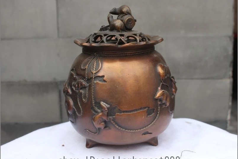 Chinese Palace Fengshui Red Bronze Zodiac Mouse Mice Incense Burner Censer