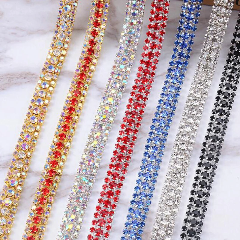 3Yards Clear Rhinestone Sew On AB 3-Rows Gold Chain Silver Close Chain Trim Trimming DIY Sewing Accessories Art Craft