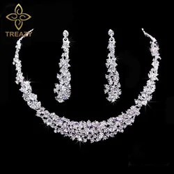 TREAZY Tassel Crystal Bridal Wedding Jewelry Sets for Women Silver Color Choker Necklace Earrings Set Wedding Party Jewelry