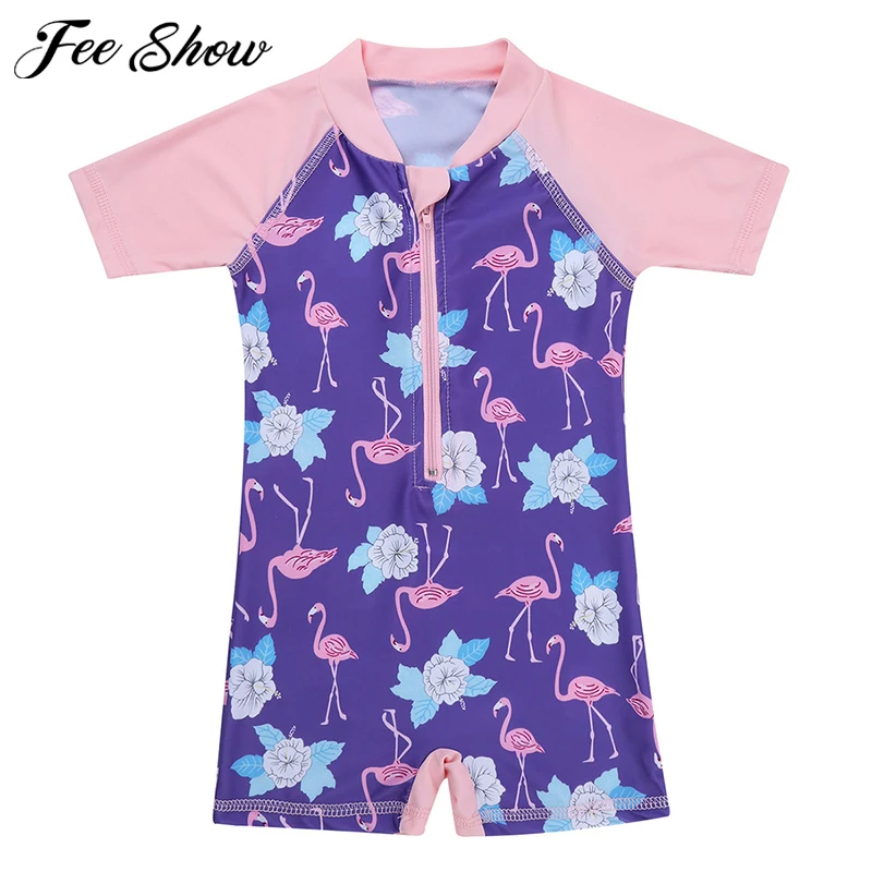 Infant Baby Girls One-piece Surfing Suits Short Sleeves Flower Flamingo Printed Swimwear Rash Guard Swimsuit Bathing Suit