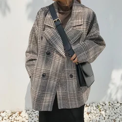 2023 early spring large size suit plaid coat women's loose thin double-breasted plaid suit fashion casual coat female z29