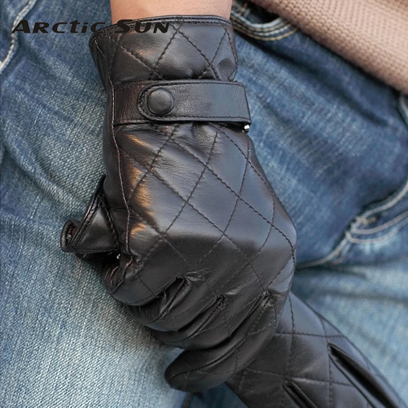 Black Men Touchscreen Leather Gloves Diamond Lattice Winter Warm Sheepskin Driving Glove High Quality Five Finger M020NC2