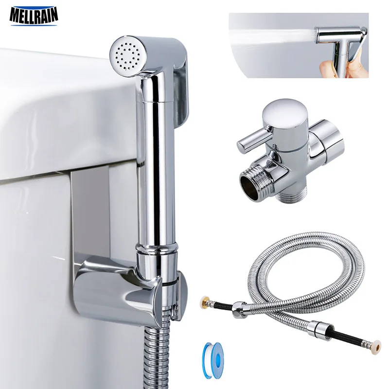 Toilet hand held bidet sprayer kit brass chrome plated bathroom bidet faucet spray shower head with hose & T-adapter & holder