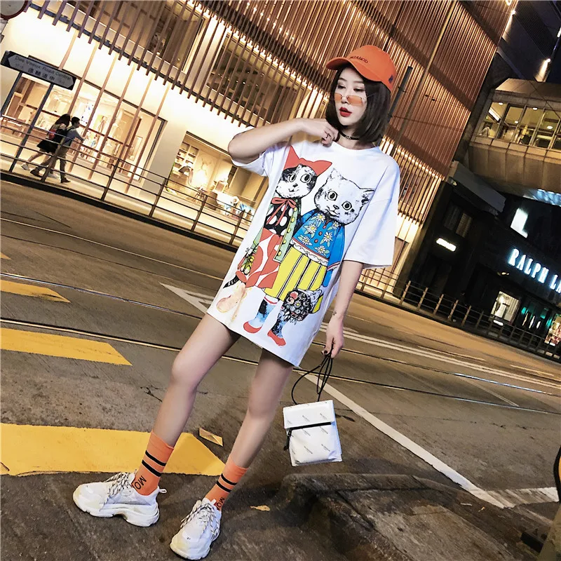 Cat Printed Casual Boyfriend Style Loose Top T-Shirt 2022 Women Summer Cotton White Large  Short Sleeve Long Tops