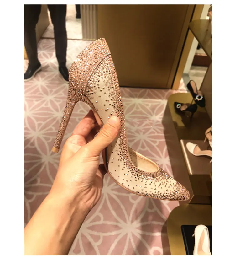 Women Crystal Shoes 6cm High Heel Diamond Bride Bridesmaid Princess Wedding Shoes 9cm Mesh Pumps