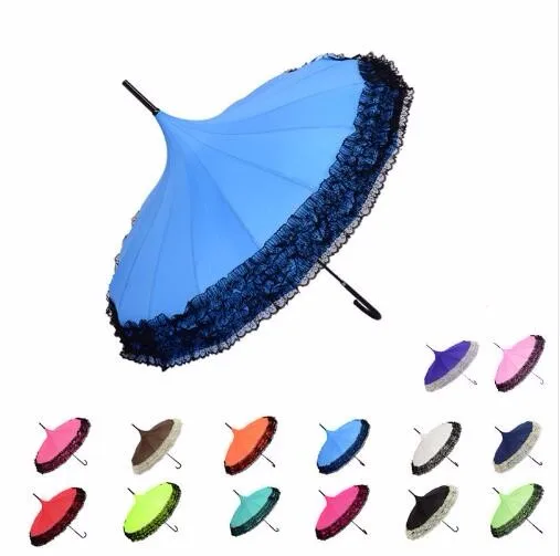 

20pcs 14 Colors Pagoda Umbrella Long-handle Princess Lace Fancy Sunny and Rainy Umbrellas Lady Parasols