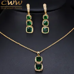 CWWZircons Trendy Blue Green Cubic Zirconia Square Drop Necklace and Earring Set for Women Yellow Gold Color Party Jewelry T0038