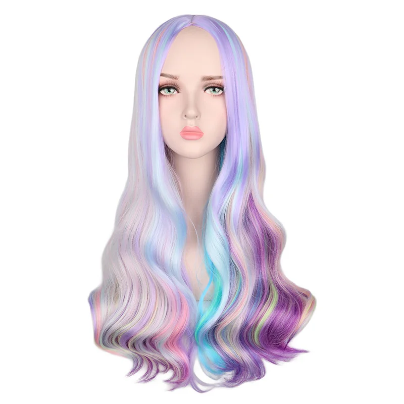 QQXCAIW Rainbow Colorful Long Wavy Wig Cosplay Party Women Heat Resistant Synthetic Hair Wigs