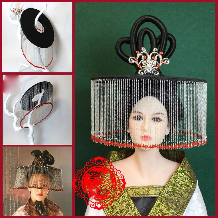 2 Designs Beading Tassel Curtain Hat for Sword Lady Ancient Chinese Drama Hat Muli Cosplay Hair Accessory Hair Piece