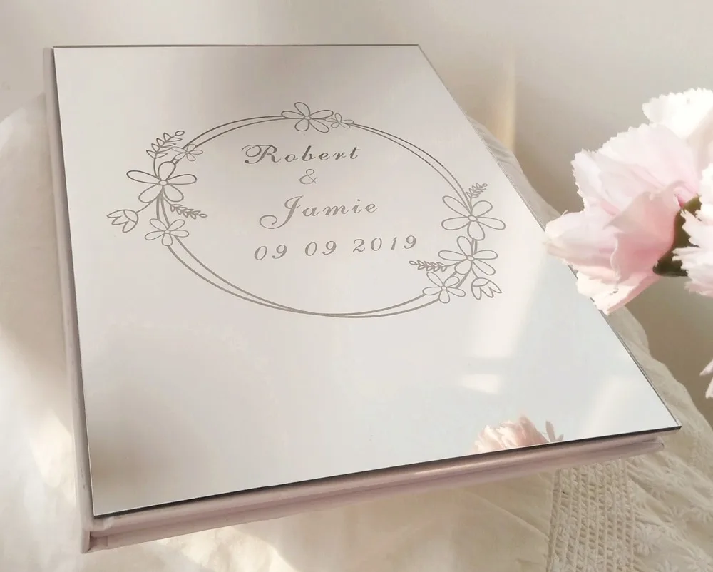 

New Arrive Personalized Wedding Guest Book Acrylic Engraved Mirror Guest Check in Book 26X19cm Album