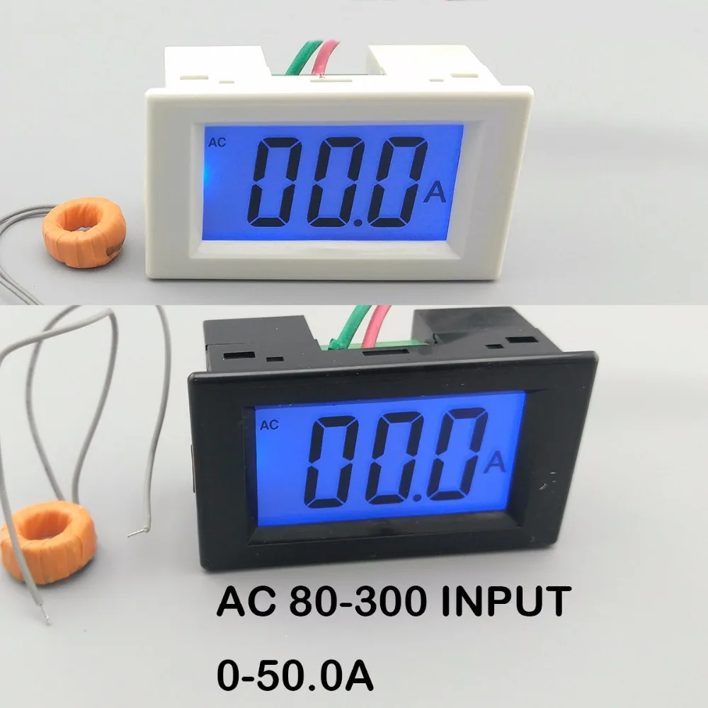 LCD display white and black ampere meter  Ammeter  range AC 0-50.0A  Panel Monitor blue backlight 80-300V Inpute