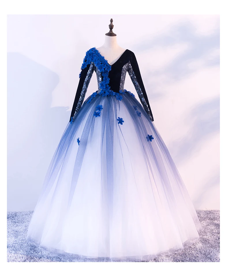 luxury stage perofrmance gown long sleeve ball gown V collar blue silk flowers medieval dress Renaissance gown queen cosplay