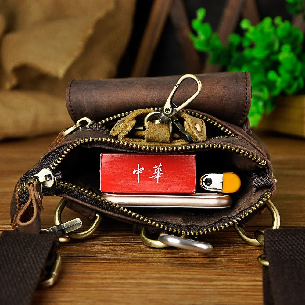 Oil Wax Leather Male Travel Design Mini Shoulder Messenger Cross-body bag Fanny Belt Waist bag Travel Small Pouch For Men 611-18