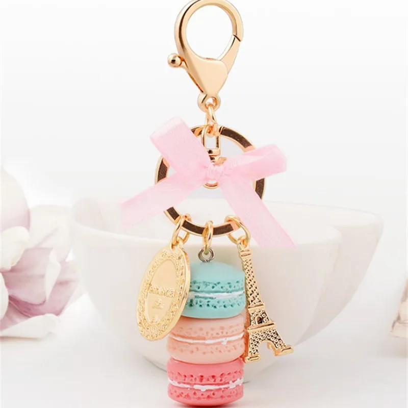 Creative Macarons Cake Keychain LADUREE Effiel Tower Ribbon Key Chain Ring Women Handbag Bag Charm Fashion Trinket Wholeasle