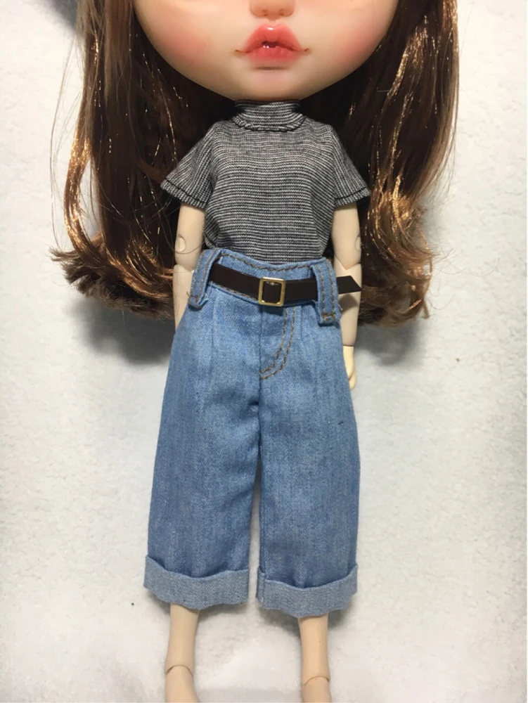 Fashion Blyth Dolls Stripe T-Shirt Denim Loose Pants With Belt Blue Wide Leg Trousers